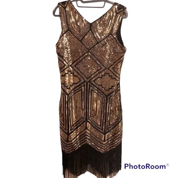 Dresses | Nwot Flapper Dress Gold Black Small | Poshmark